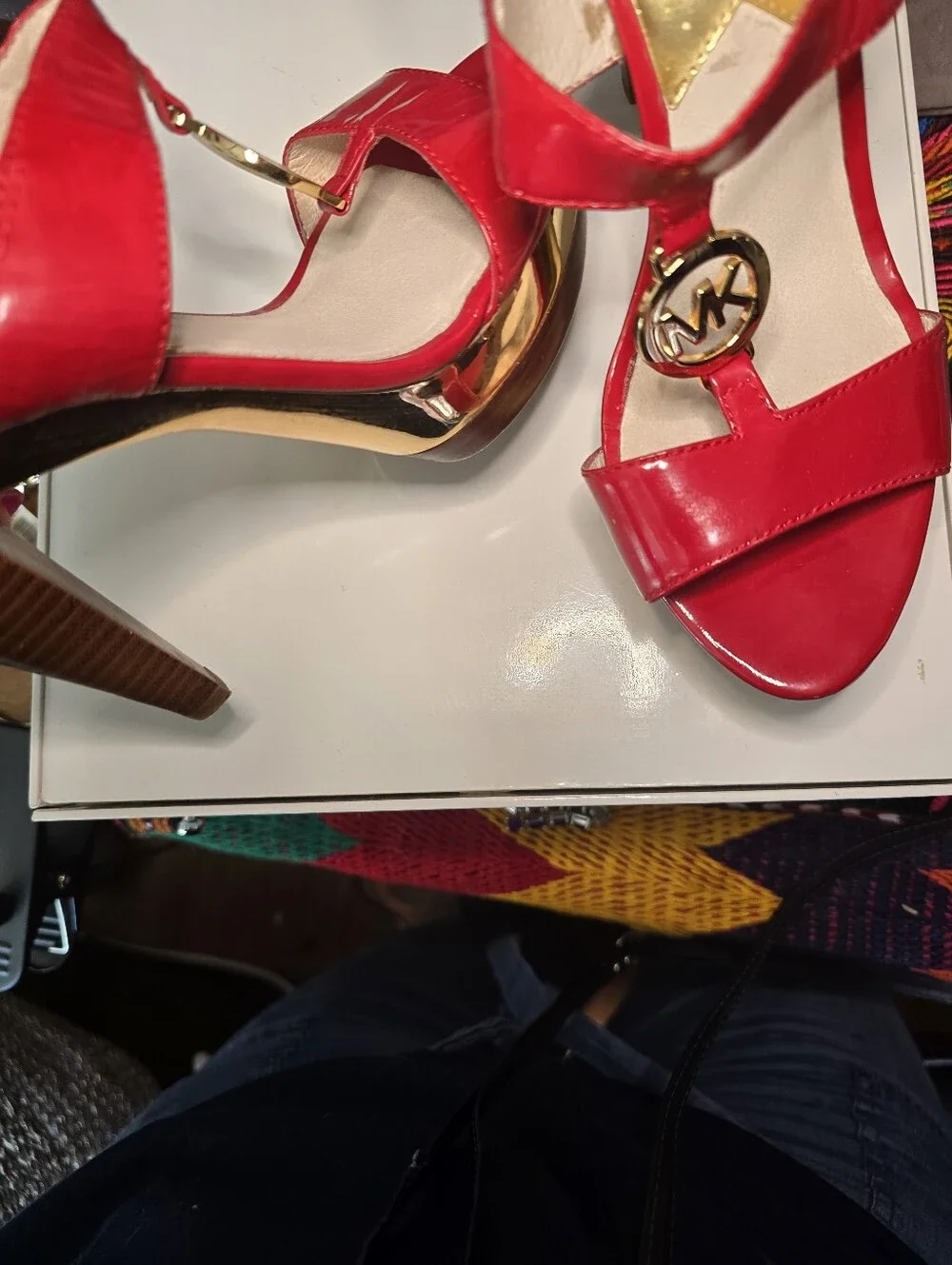 💥💥💥SALE!!!Michael Kors Red Patent Leather T-Strap Heels with Gold MK Accent